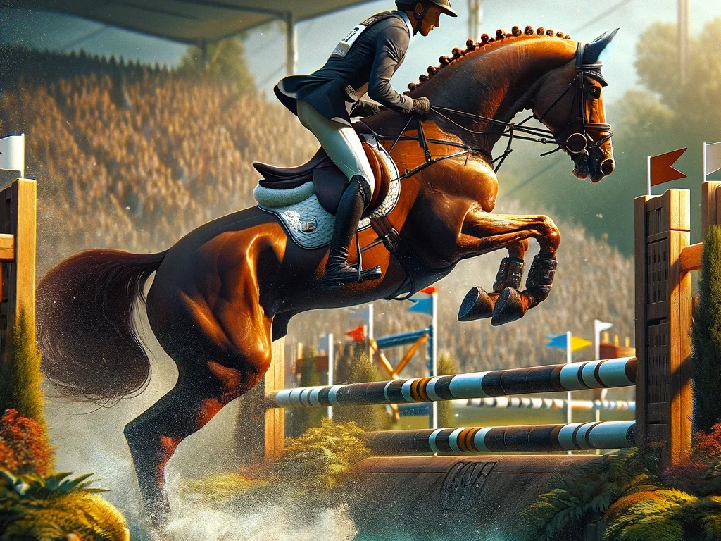 Generate an image focusing on a horse and its rider in an Eventing competition (CCE), ensuring both the full figure of the horse and the entirety of the obstacle they are about to tackle are visible. This moment captures them in the midst of navigating a complex and challenging obstacle, such as a large water jump or a combination of fences, fully showcasing the obstacle's details, size, and the skill required to overcome it. The horse, in its full athletic glory, and the rider, meticulously prepared in eventing attire, are captured in perfect harmony, illustrating their readiness to face the demanding course. The scene is vibrant, highlighting the excitement of CCE with a clear view of the natural or constructed elements that make up the obstacle, conveying the thrill and challenges of the competition.